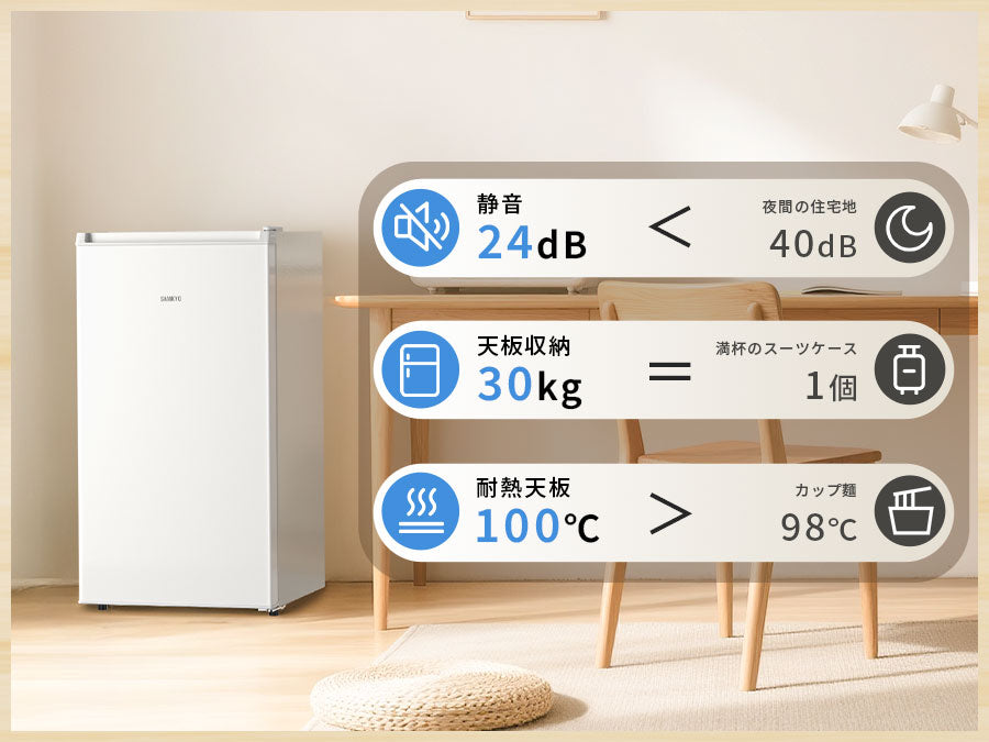 SAMKYO 冷蔵庫 一人暮らし用 95L 小型 スリム 幅44.4cm 直冷式 右開き 1ドア 静音 耐熱天板 GU95S