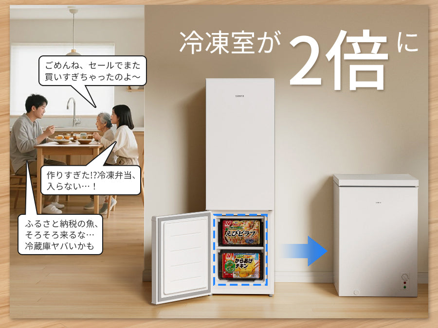 冷凍庫 100L 上開き式 家庭用 急速冷凍-28℃ 8段階温度調節 バスケット2個付き 大容量 小型 コンパクト 静音設計 セカンド冷凍庫 冷凍ストッカー SAMKYO ZC100