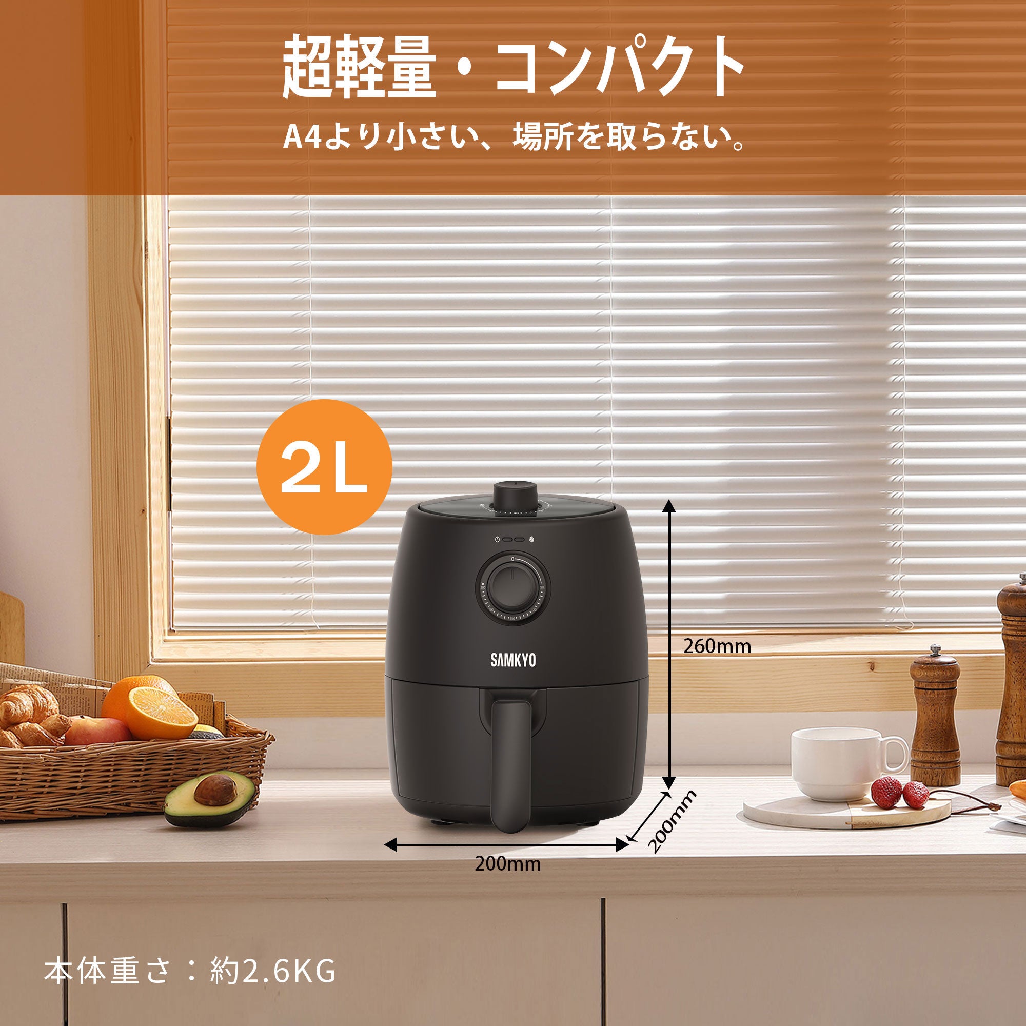 SAMKYO ノンフライヤー エアフライヤー 2L コンパクト 1~2人用 PSE認証済み 一人暮らし ノンフライヤー機 日本語説明書付き 電子レシピ付き 電気フライヤー 油なし ヘルシー フライヤー F20 ブラック