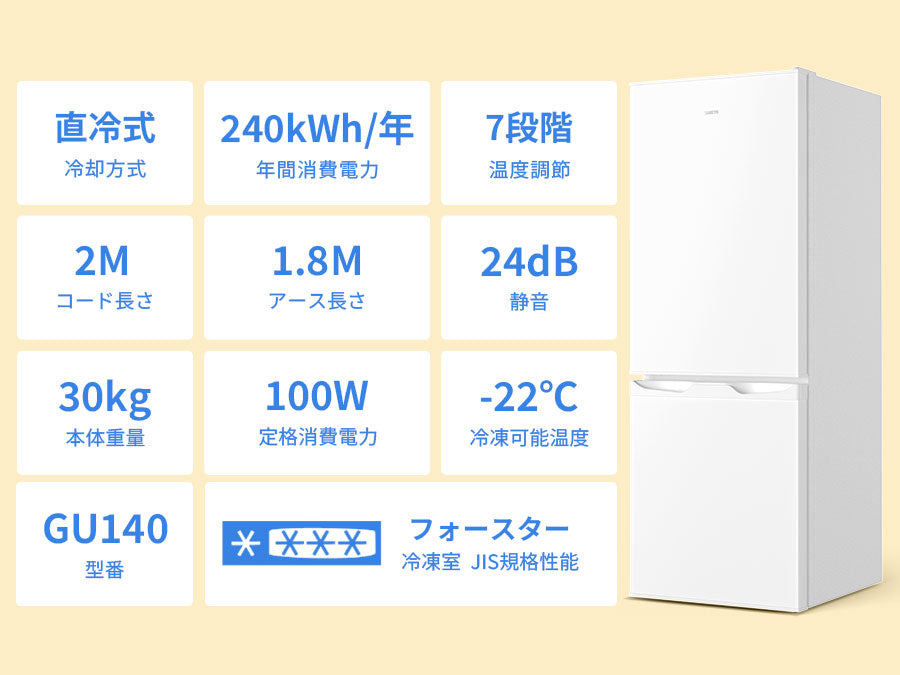 SAMKYO 冷蔵庫 145L 幅45cm 2ドア スリム 右開き 大容量 家庭用 前開き 冷凍室付き 一人暮らし 耐熱天板  静音 GU140