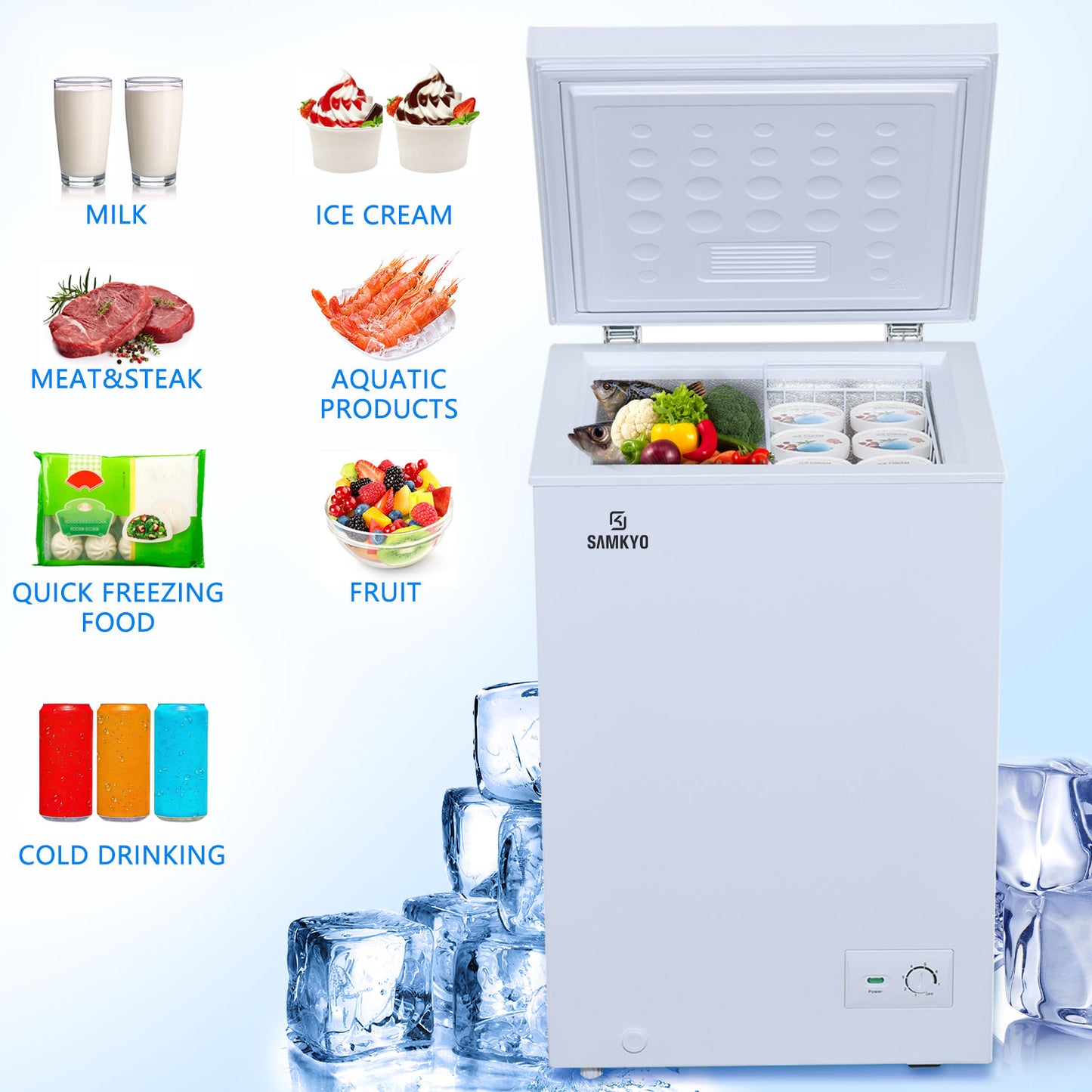 【SAMKYO S】 Chest Freezer 3.5 Cubic Feet with Removable Basket, White