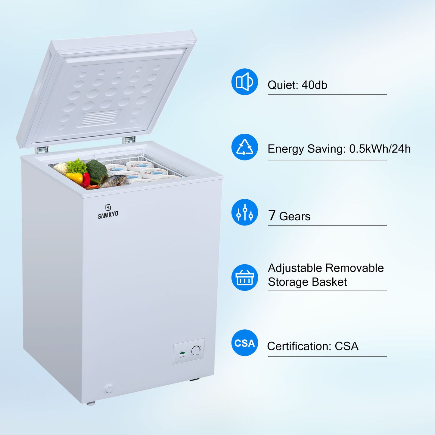 【SAMKYO S】 Chest Freezer 3.5 Cubic Feet with Removable Basket, White