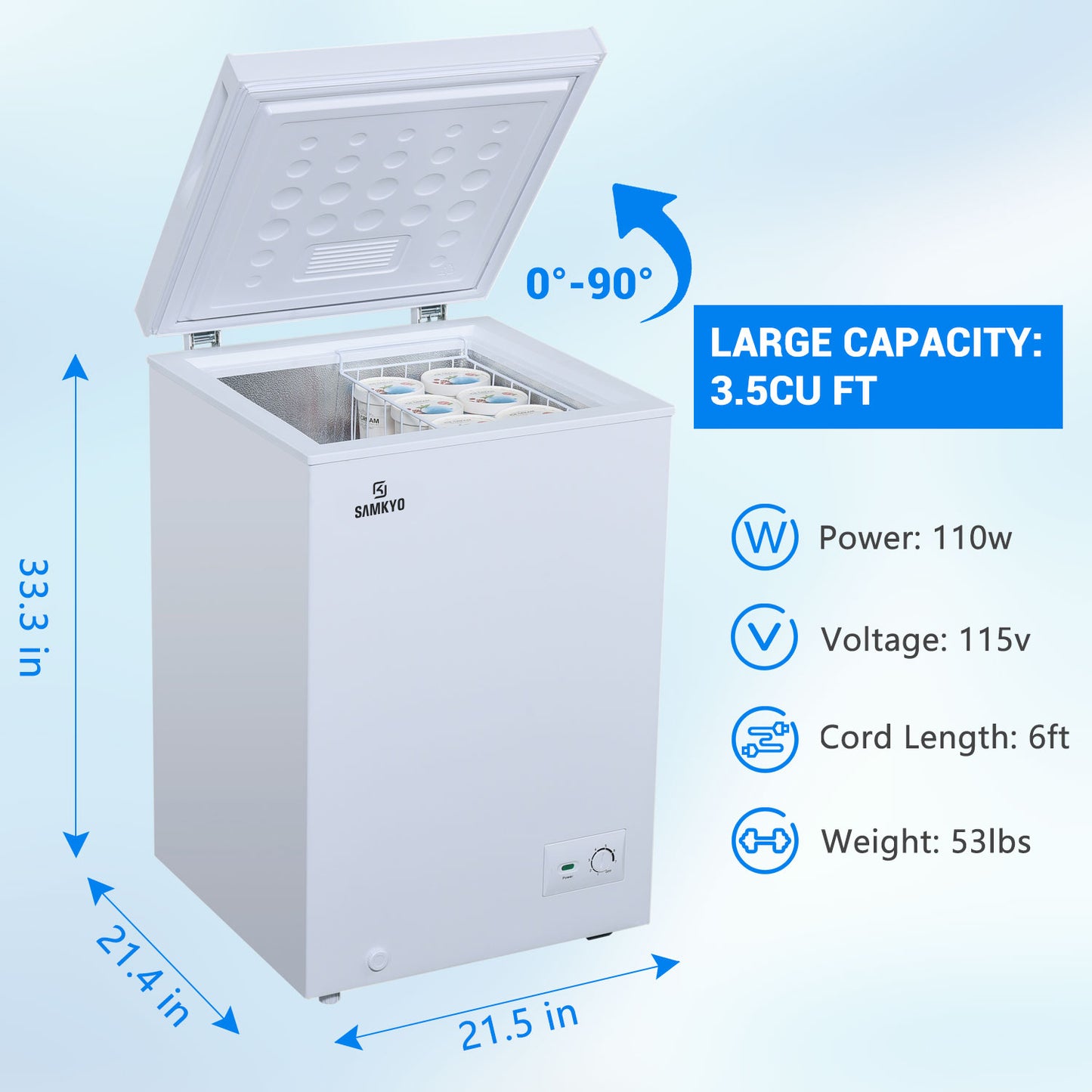 【SAMKYO S】 Chest Freezer 3.5 Cubic Feet with Removable Basket, White