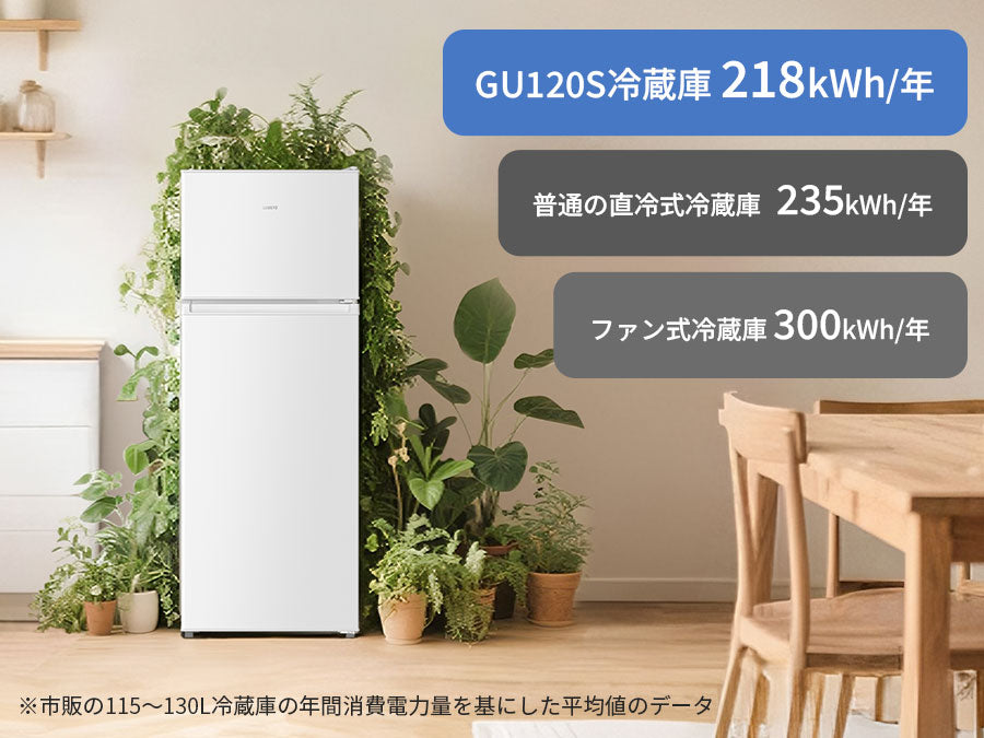 SAMKYO 冷蔵庫 スリム 幅44cm 120L 一人暮らし 5段階温度調節 右開き 2ドア 小型 家庭用 省エネ 静音 GU120S