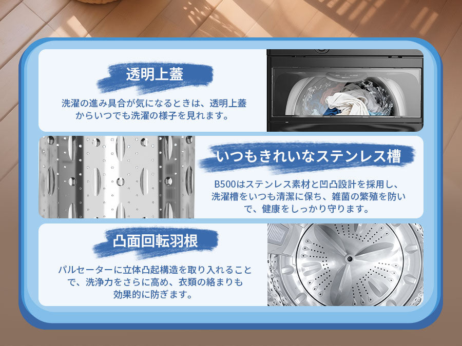 SAMKYO 洗濯機 5kg 全自動洗濯機 縦型洗濯機 一人暮らし 最短11分洗濯 小型 部屋干し専門 1-2人用 予約タイマー 透明ドア ステンレス槽 コンパクト  引越し 静音設計 B500