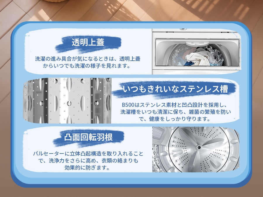 SAMKYO 洗濯機 5kg 全自動洗濯機 縦型洗濯機 一人暮らし 最短11分洗濯 小型 部屋干し専門 1-2人用 予約タイマー 透明ドア ステンレス槽 コンパクト  引越し 静音設計 B500