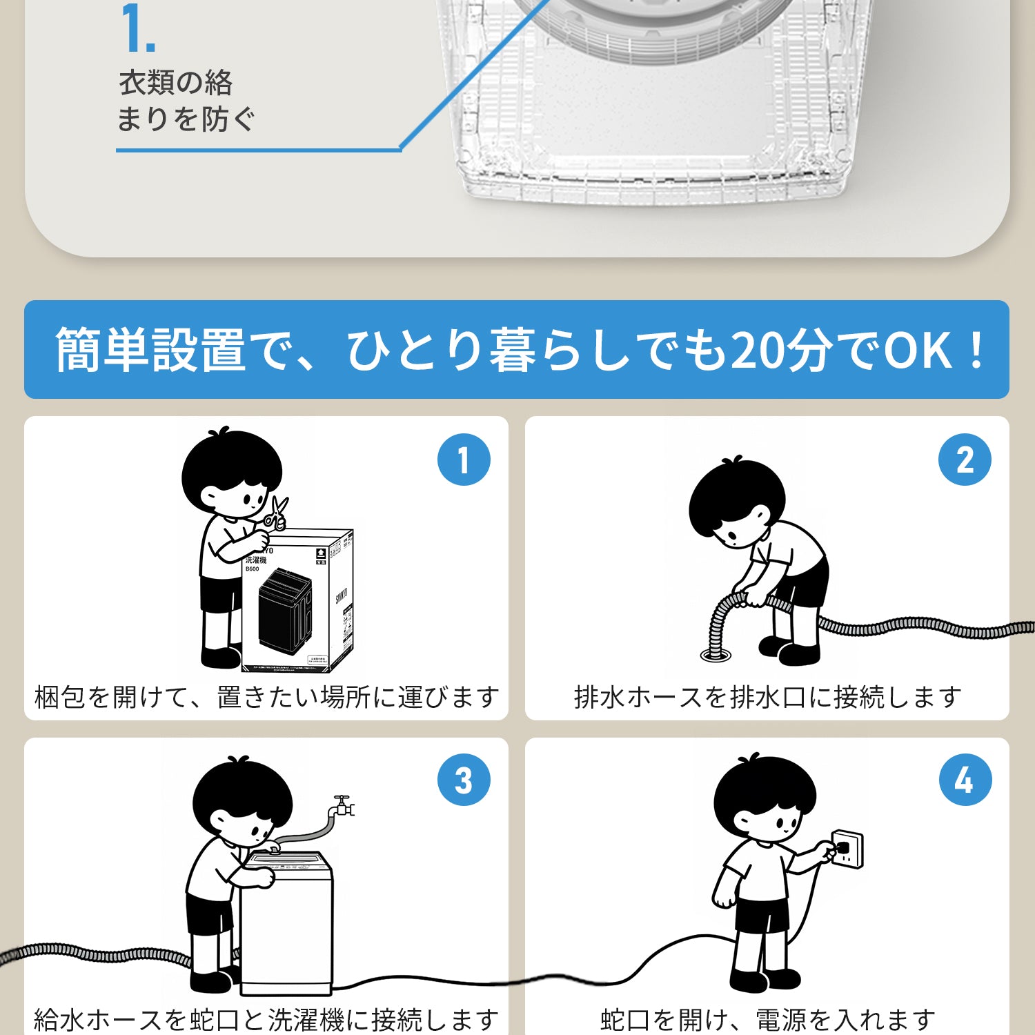 SAMKYO 洗濯機 5kg 6kg 7kg 全自動洗濯機 一人暮らし 縦型 上開き 部屋干し 槽洗浄 予約機能 コンパクト 透明ガラスドア 静音設計 B500 B600 B700